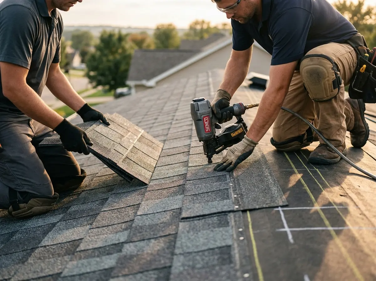 Professional roofer working on a residential roof in Winston